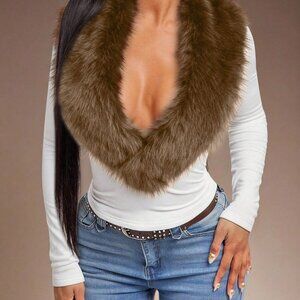 White Casual Women's Sexy Long Sleeve faux fur collar Fitted T-Shirt